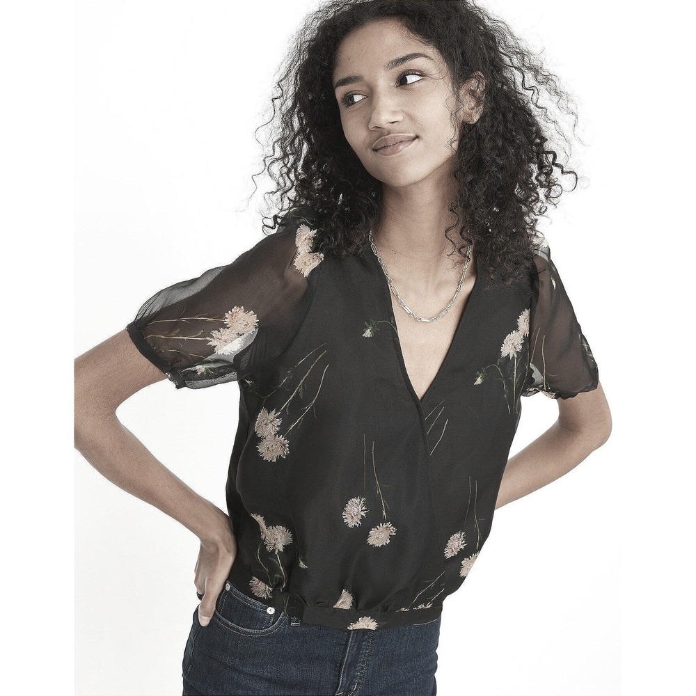 Madewell Black Sheer Floral V-Neck Puff Sleeve Top